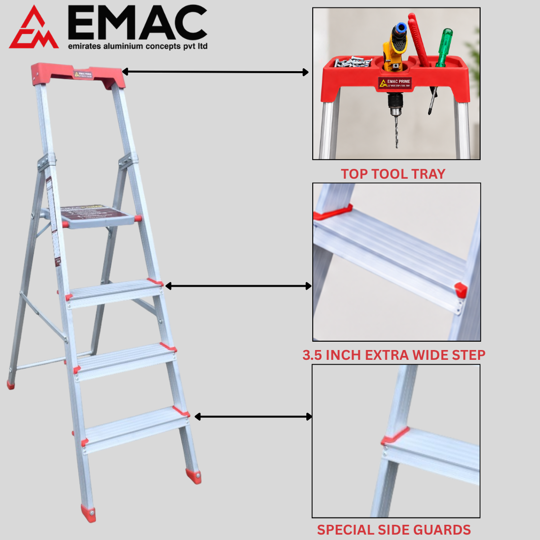 EMAC PRIME Step Aluminium Ladder WIth (Tools Tray And 3.2 Inch Wide Anti Skid Step)