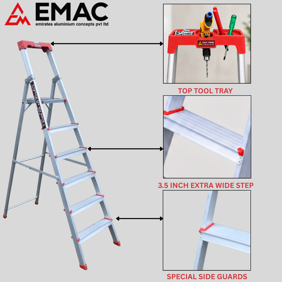 EMAC PRIME Step Aluminium Ladder WIth (Tools Tray And 3.2 Inch Wide Anti Skid Step)
