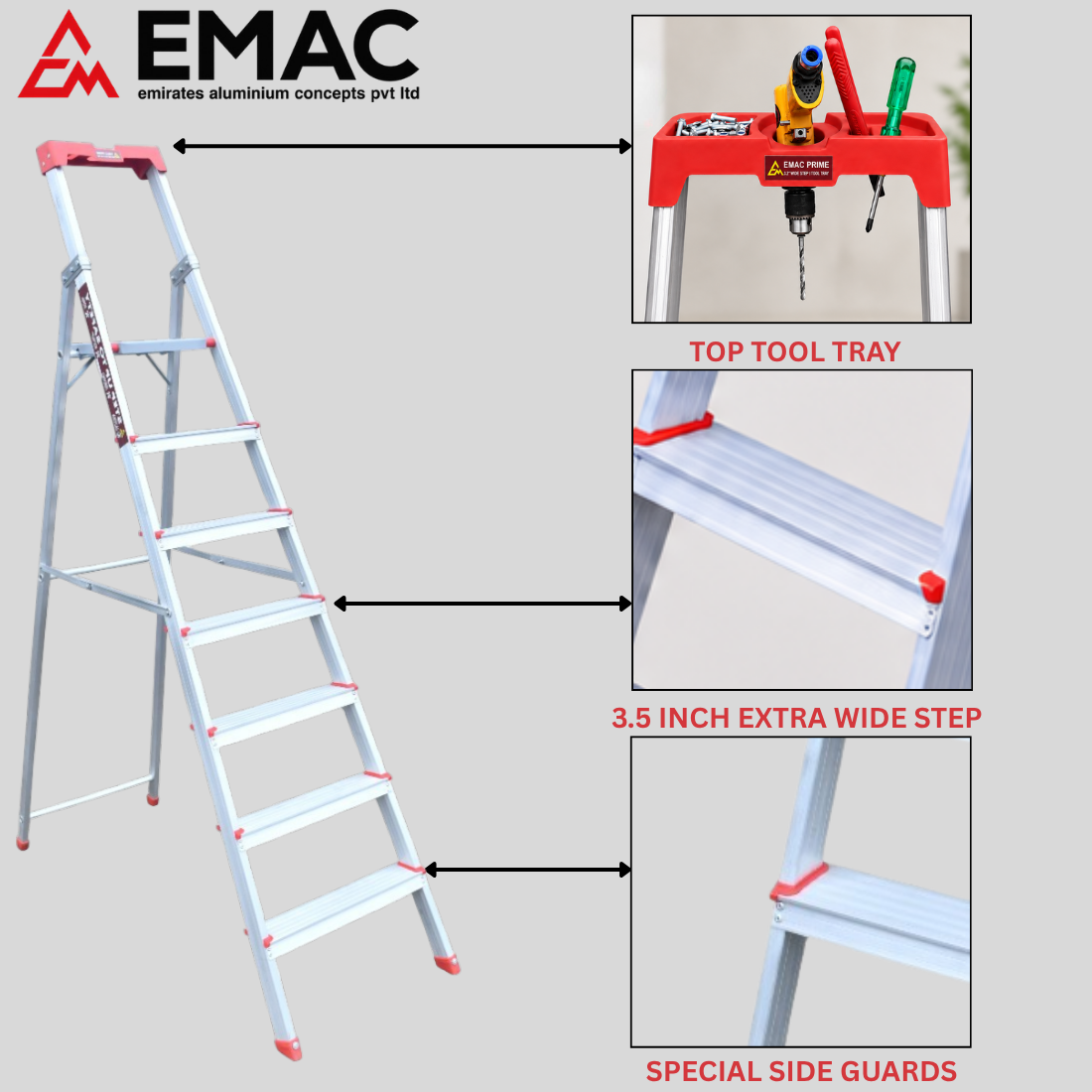 EMAC PRIME Step Aluminium Ladder WIth (Tools Tray And 3.2 Inch Wide Anti Skid Step)