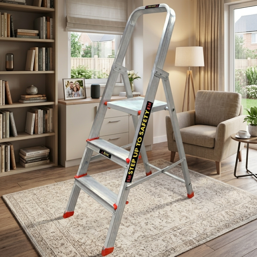 EMAC Aluminium Folding Ladder for Home, Shop & Office Use Slip Resistant 3 Step Aluminium Ladder (With Platform) (Copy)