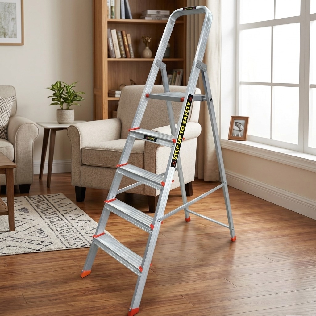 EMAC Aluminium Folding 5 Step Ladder for Home, Shop & Office Use Slip Resistant  (With Platform)