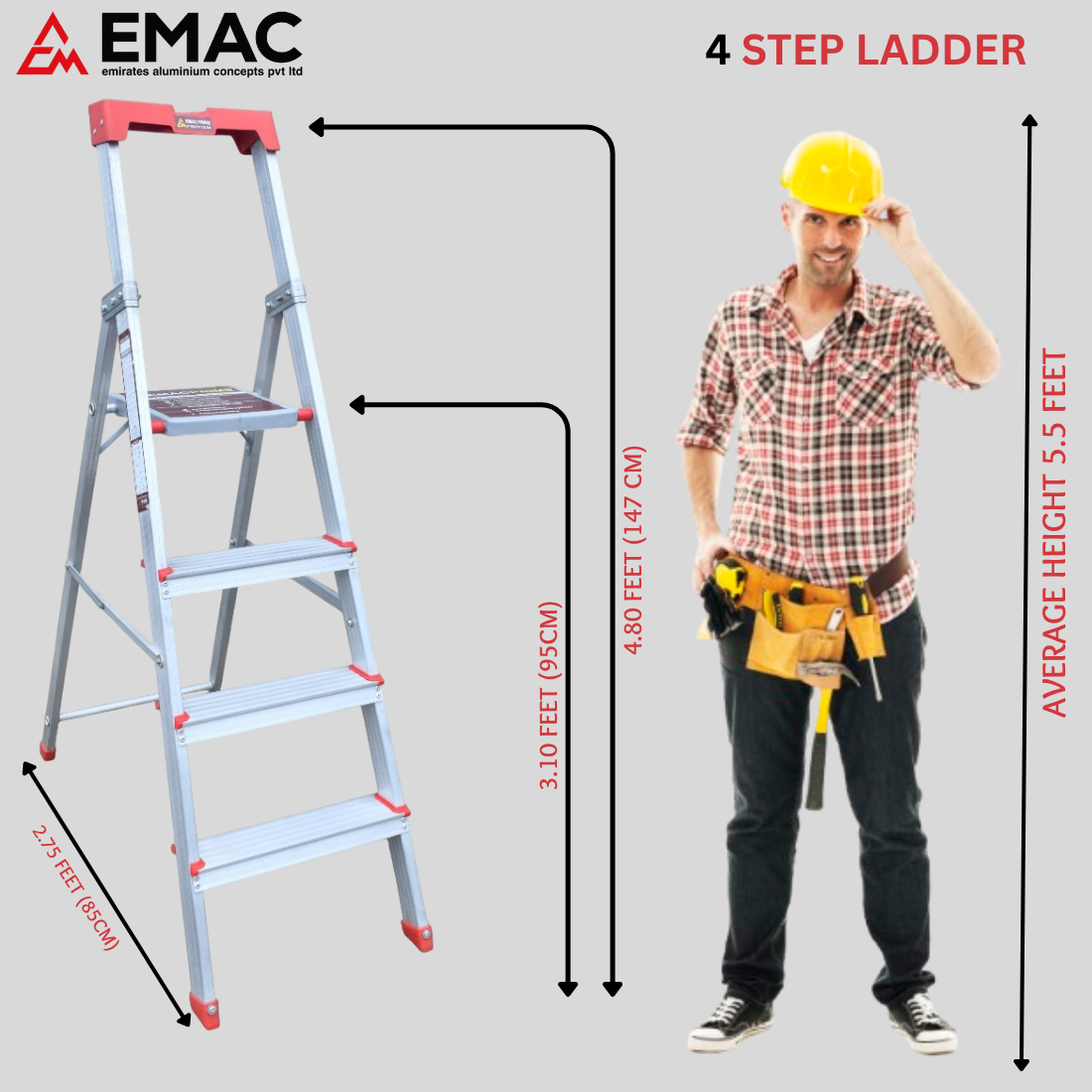 EMAC PRIME Step Aluminium Ladder WIth (Tools Tray And 3.2 Inch Wide Anti Skid Step)