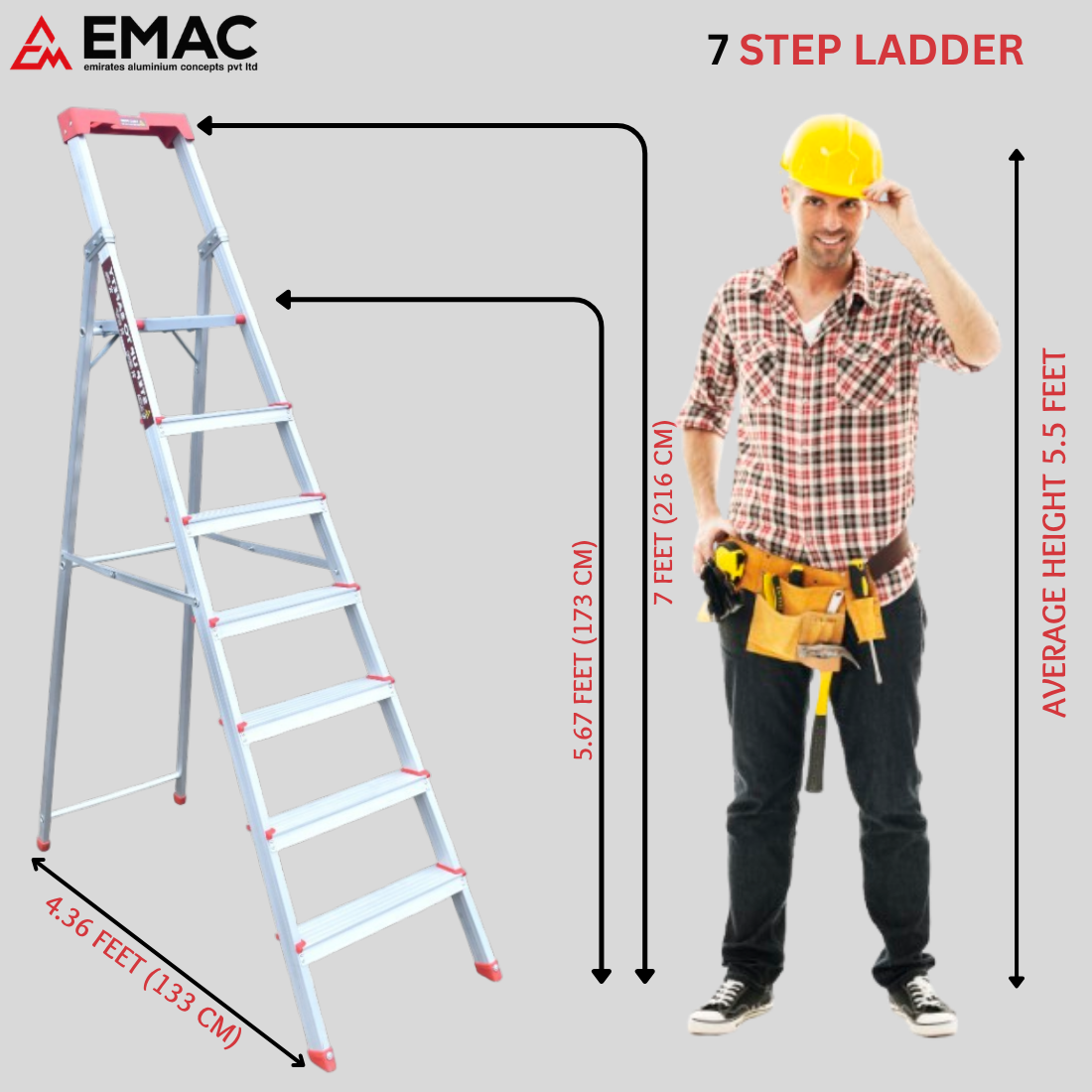 EMAC PRIME Step Aluminium Ladder WIth (Tools Tray And 3.2 Inch Wide Anti Skid Step)