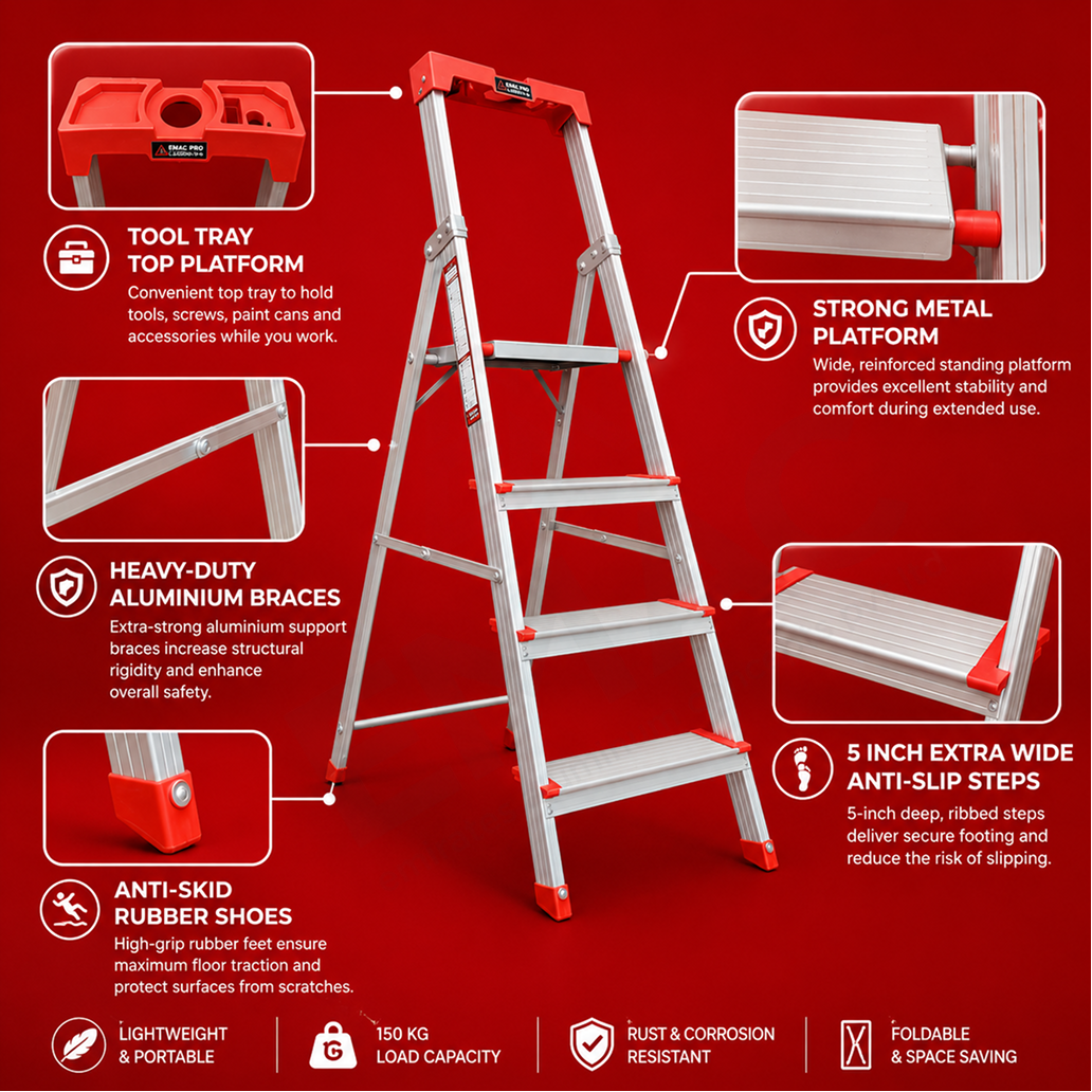 EMAC PRO Step Aluminium Ladder WIth (Tools Tray And 5 Inch Wide Anti Skid Step)